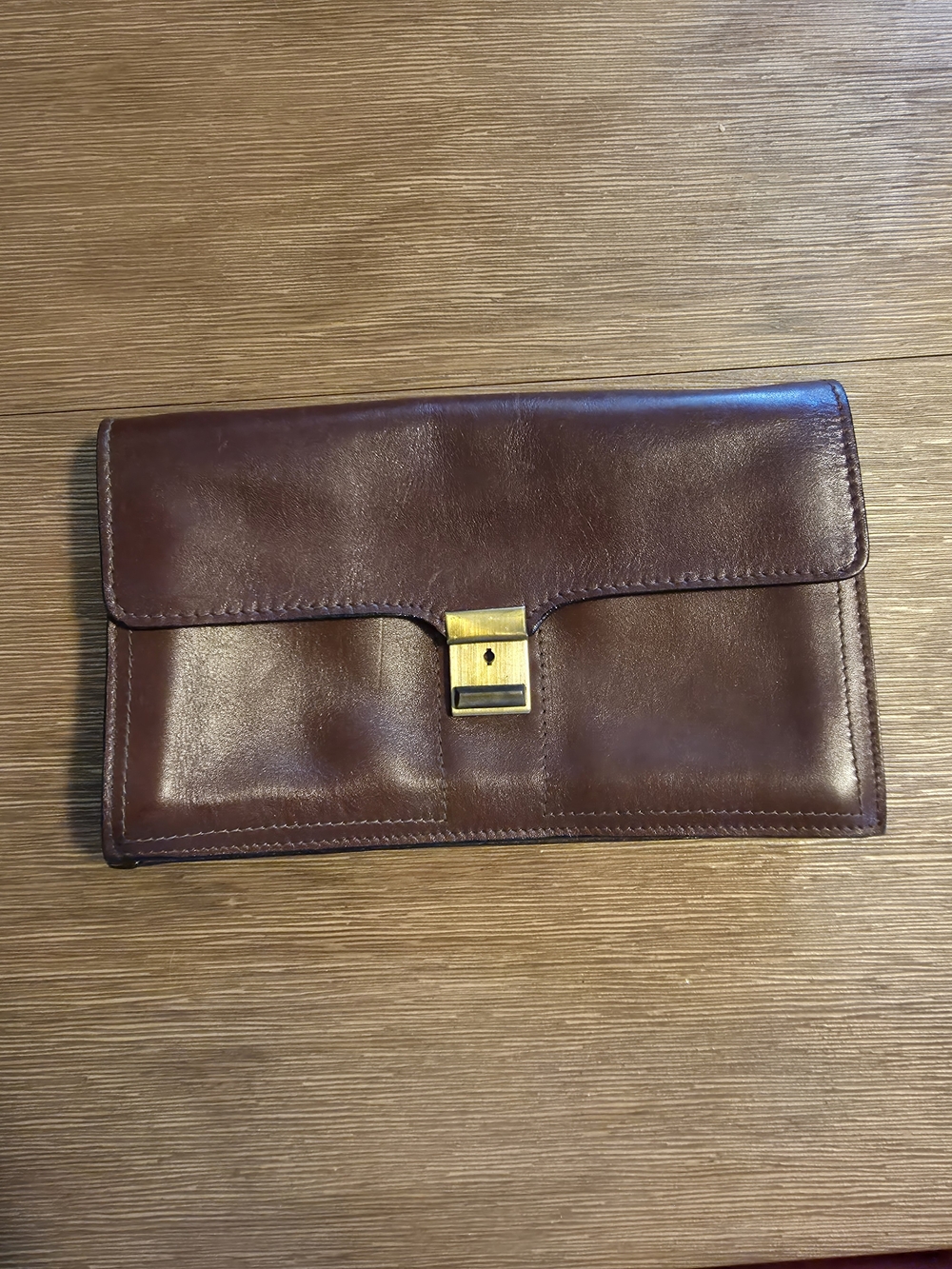 Vintage All Leather Clutch Wristlet Purse Hand Bag Brown with Gold Hardware